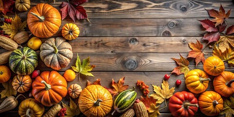 Wall Mural - Autumn Corner Border Banner of Pumpkins, Gourds and Fall Decor on a Rustic Wood Background With Copy Space