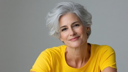 Wall Mural - mature woman with white skin, grey short hair, wavy hair and a clear yellow t shirt, isolated in a light grey studio