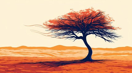 Wall Mural - Silhouette of a tree with red leaves blowing in the wind against a desert landscape.