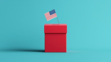 Wall Mural - A vibrant red box featuring a small American flag, symbolizing democracy and voting in a modern setting.