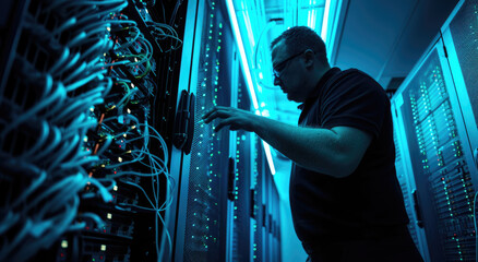 Canvas Print - A man in a black shirt is working on a server, with glowing blue wires and cables