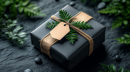 Wall Mural - Elegant Black Friday sale poster with a top view of a black gift box and price tag on a dark background, presented in 3D vector style.