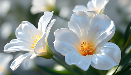 Wall Mural - The blooming white flowers are dotted with bright orange stamens in the center, showing the elegant natural beauty.