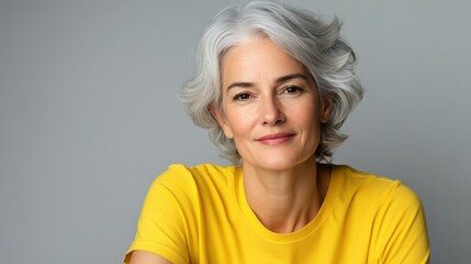 Wall Mural - mature woman with white skin, grey short hair, wavy hair and a clear yellow t shirt, isolated in a light grey studio