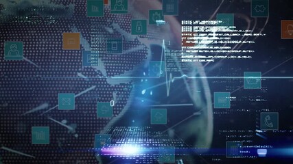 Digital data icons and coding animation over person working on computer