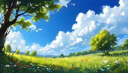 Wall Mural - Sunny grassland, blue sky and white clouds, and natural scenery dotted with flowers.