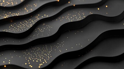 Abstract 3D background featuring black paper layers with geometric slices and golden glittering dots, creating a modern and textured graphic design.