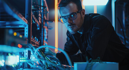 Wall Mural - A man in a black shirt is working on a server, with glowing blue wires and cables