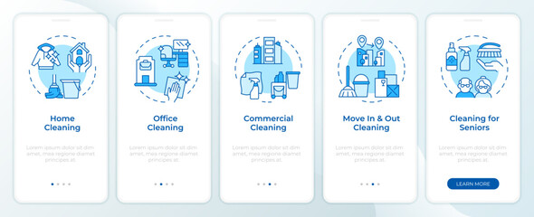 Wall Mural - professional cleaning blue onboarding mobile app screen. walkthrough 5 steps editable graphic instru