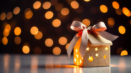 House mockup in gift tape on dark background with glowing bokeh, gift, moving, real estate.