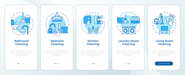 Wall Mural - house cleaning services blue onboarding mobile app screen. walkthrough 5 steps editable graphic inst