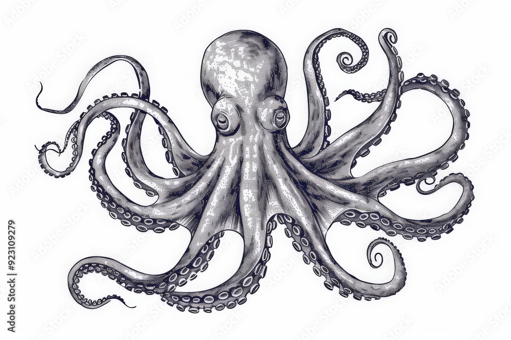Hand drawn vintage octopus line art, squid engraved ocean animal, Squid ...