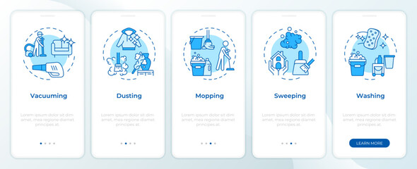 Wall Mural - Cleaning methods blue onboarding mobile app screen. Walkthrough 5 steps editable graphic instructions with linear concepts. UI, UX, GUI template. Montserrat SemiBold, Regular fonts used