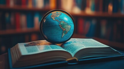 A book is open to a page with a globe on it