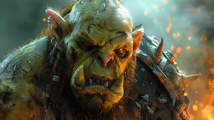 Wall Mural - Intense Close-Up of Ferocious Orc Leaders Engaged in Battle, Showcasing Their Savage Expressions and Raw Power in a Fantasy World