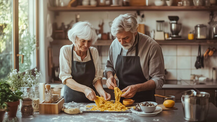 Elderly couple wearing aprons is making fresh homemade pasta together in their kitchen