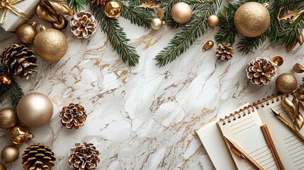 Wall Mural - christmas office desk table concept feminine workspace with golden xmas balls pen paper notepad,notebook on marble background flat lay top view copy space.