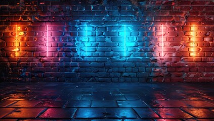 Neon light on brick walls that are not plastered background and texture. Lighting effect red and blue neon background