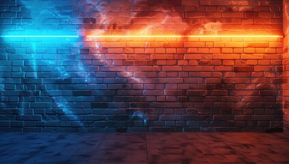 Neon light on brick walls that are not plastered background and texture. Lighting effect red and blue neon background