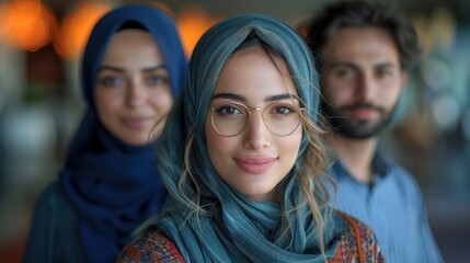 Middle-east woman and one man against a dark blue studio background