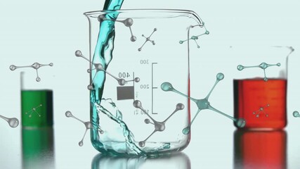 Canvas Print - Pouring liquid into beaker with molecular structure animation in laboratory setting