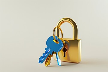 A prominent gold padlock surrounded by several blue keys on a blue and white background represents the idea of access or security. 3D Production