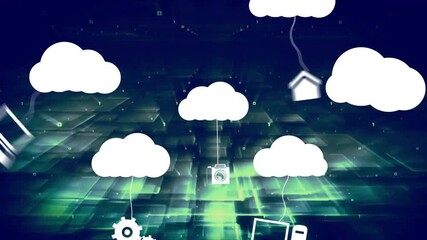 Sticker - Animating cloud computing icons over digital grid background