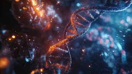 Canvas Print - A Detailed 3D Render of a DNA Helix with Glowing Particles