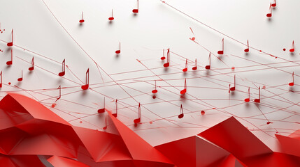 Musical wave background with shiny musical notes over red color background. Paper art.