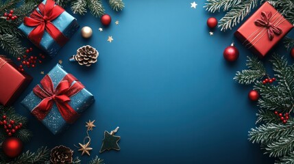 Wall Mural - flat lay Merry Christmas background in blue