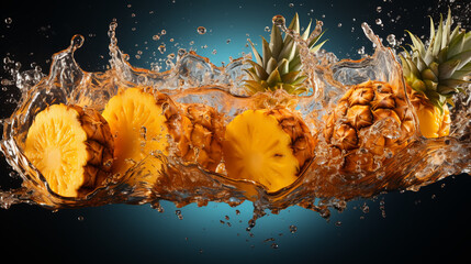 Wall Mural - Slice of yellow pineapple with water splashing