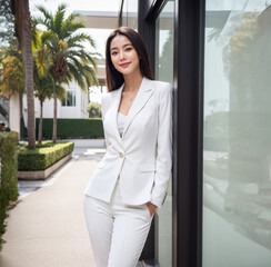 Wall Mural - An Asian woman in a white suit smiles confidently while posing outdoors, with a backdrop of modern architecture and office buildings.