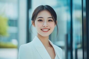 Wall Mural - An Asian woman in a white suit smiles confidently while posing outdoors, with a backdrop of modern architecture and office buildings.