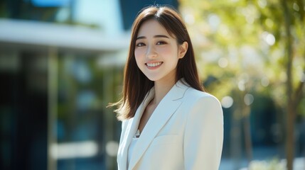 An Asian woman in a white suit smiles confidently while posing outdoors, with a backdrop of modern architecture and office buildings.