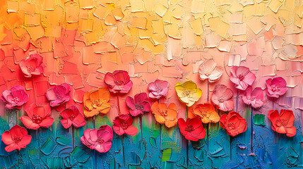 Colorful flowers blooming in impasto painting technique