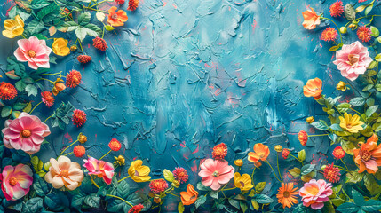 Wall Mural - Colorful flowers making frame on blue textured background