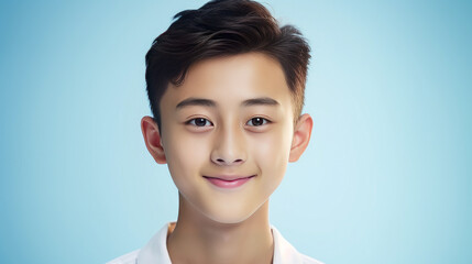 Wall Mural - Portrait of a cute handsome happy Asian teenager guy with perfect skin, light blue background, banner.