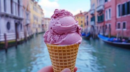 A close-up of a delicious gelato in a waffle cone held up against the backdrop of Venices canals, capturing the flavors of Italy.