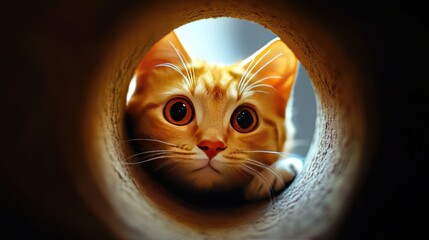 a curious red cat peeking out from a perfectly round hole, its bright eyes and whiskers catching the