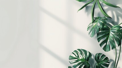 Wall Mural - Monstera Leaves and Sunlight Shadows on a White Wall