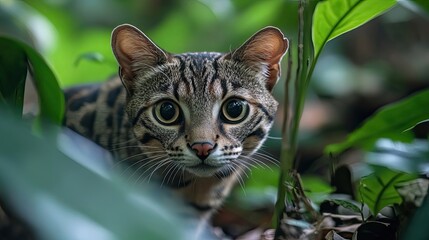 Poster - Close-up of a Striped Cat's Face in Foliage