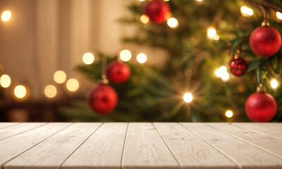 Wall Mural - white The empty wooden table top with blur background of Christmas