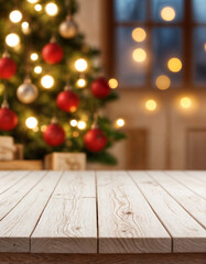 white The empty wooden table top with blur background of Christmas