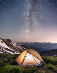 Wall Mural -  A tent in the mountains under the starry sky 