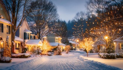 Snow dusted neighborhood glows with warm shimmering Christmas holiday lights