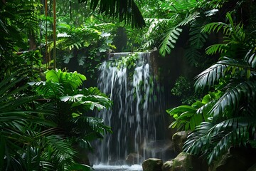 Wall Mural - Waterfall in the garden with sun light and green leaves background