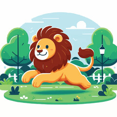 Wall Mural - a cute baby lion running happily in park