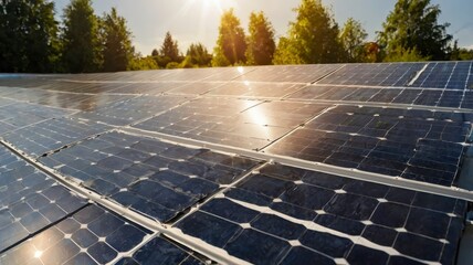 A photovoltaic solar panel on top of a roof, sun is shining to generate green power to save the environment 