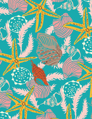 Sea shells,Delightful seamless pattern showcasing shells and starfish, hand-drawn with a cute touch. Great for textiles, banners, and wallpapers.