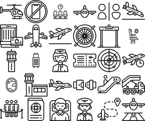 Mega Set Of Vector Airport Isolated Silhouette Solid Icons With Airplane,Aviation,Flight,Airport,Aircraft Vector Illustration Linear Pictogram Pack